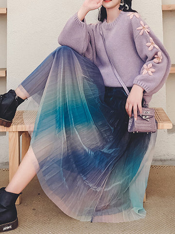 Jupe Trapèze En Maille Dégradé De Couleurs Plissée Mi-longue